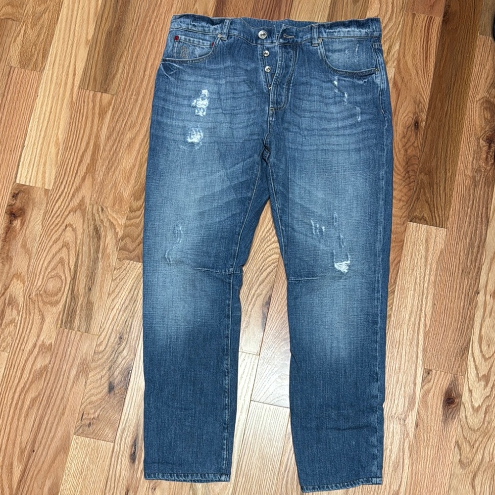 Brunello Cucinelli Blue Straight Jeans with Distressed Details